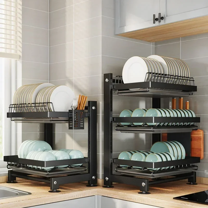 

2/3 Tiers Dish Drainer Holder Drying Rack with Tray adjustable Kitchen Sink Counter Organizer Storage Shelf Tableware Drainboard