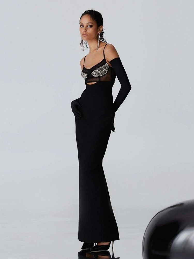 Sexy Black Sleeveless Spaghetti Strap Beads Bandage Dress Women V Neck Mesh Patchwork Long Bodycon Dress Evening Club Party Dres
Sexy Black Sleeveless Spaghetti Strap Beads Bandage Dress Women V Neck Mesh Patchwork Long Bodycon Dress Evening Club Party Dres