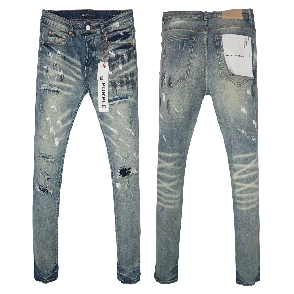 

Высококачественные фиолетовые брендовые 2024 новые джинсы в американском стиле ретро желтые грязевые джинсы с полыми отверстиями узкие