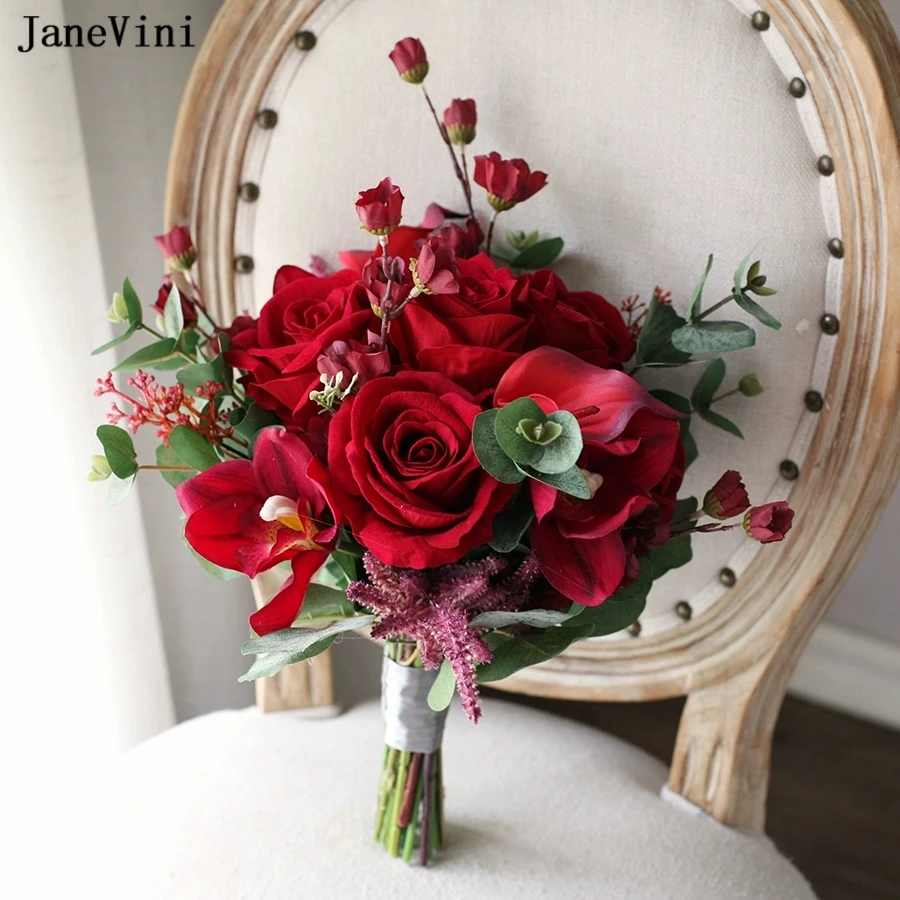 

JaneVini Vintage European Red Wedding Flowers Bridesmaid Bridal Bouquets Artificial Eucalyptus Silk Roses Bouquet Fleur Mariage