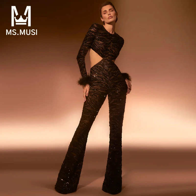 

MSMUSI 2024 New Fashion Women Sexy Feather Lace Sequins Hollow Out Long Sleeve Backless Bodycon Party Club Flare Pant Jumpsuit