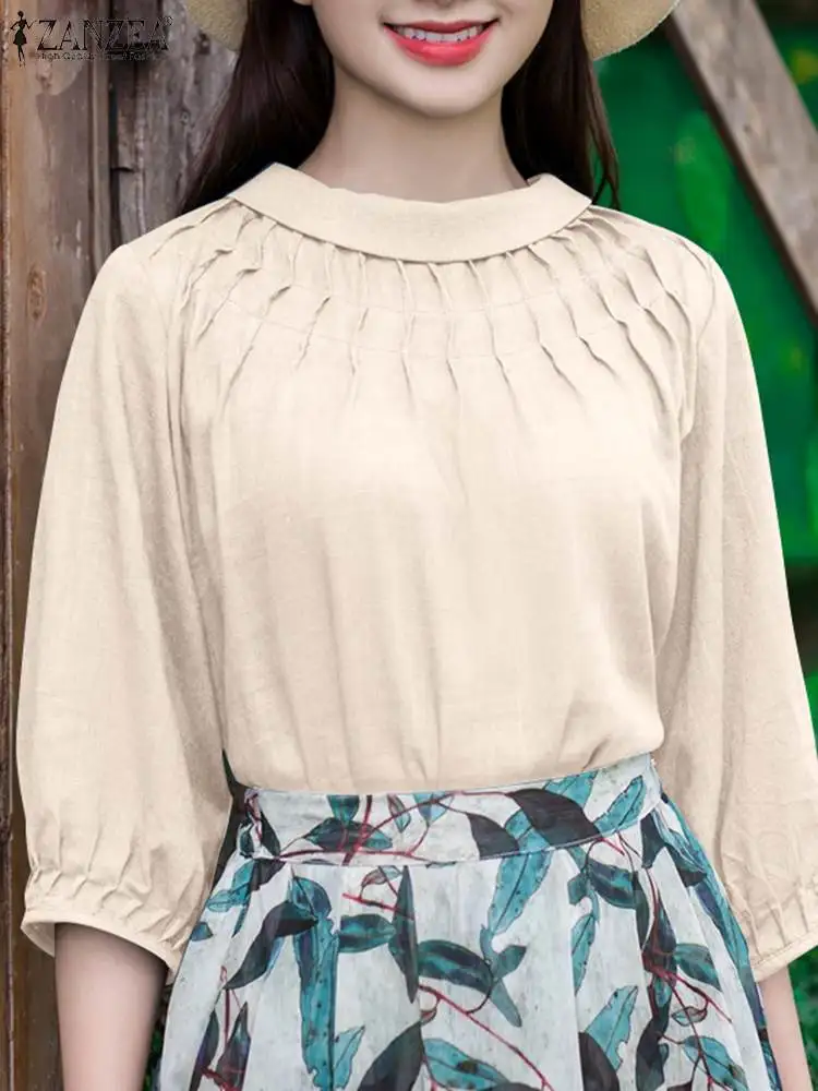 

Лето 2024, рубашка ZANZEA с рукавом 3/4, модная женская блузка, шикарные плиссированные топы, повседневные свободные блузы с круглым вырезом, элегантная офисная туника