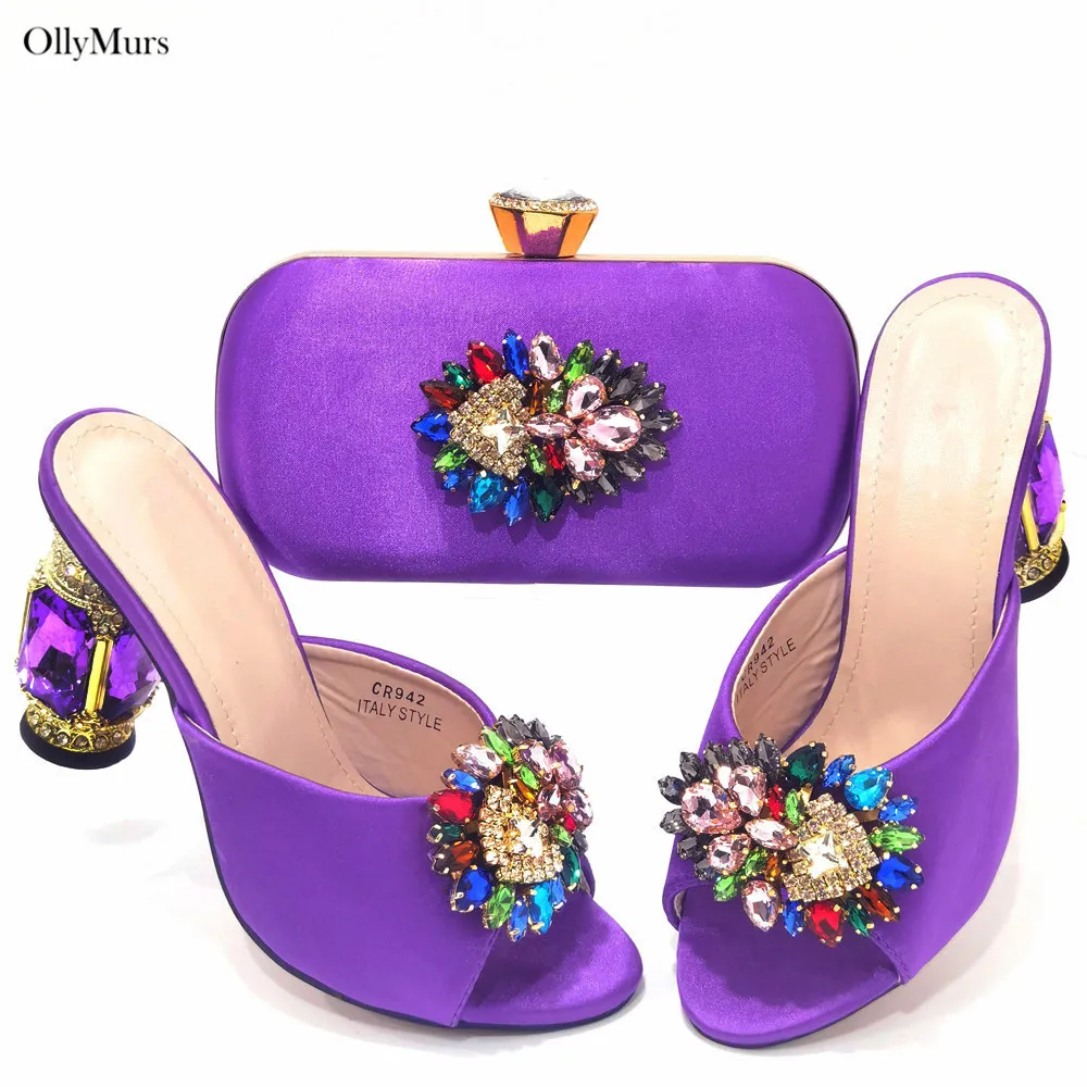

Hot Selling Fashion Slipper Purple Color Woman Shoes And Bag Set New Italian High Heels Shoes And Bag Set For Wedding Party