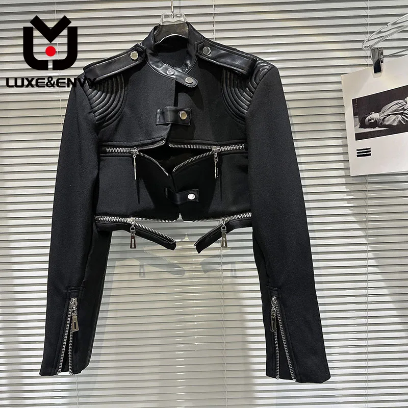 

LUXE&ENVY New Fried Street Spicy Girl Horizontal Zipper Panel Leather Shoulder Pads Motorcycle Jacket Short 2023 Autumn