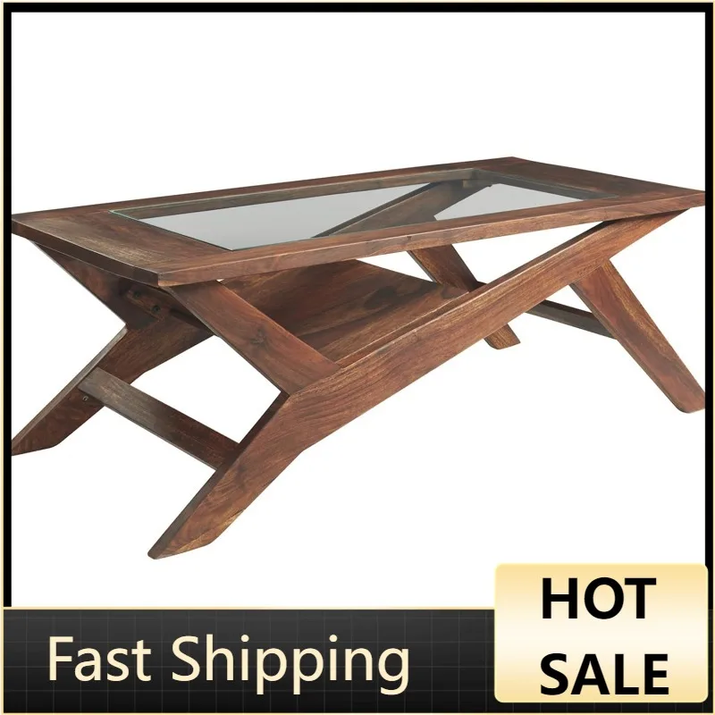 

Signature Design by Ashley Charzine Contemporary Rectangular Coffee Table with Clear Tempered Glass Top, Brown