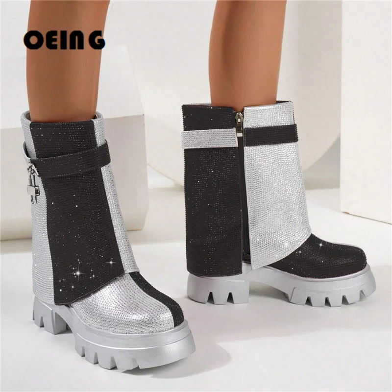 

Women Metallic Rhinestone Mid-calf Boots Round Toe Platform Fold Over Boots Ladies Chunky Heel Bling Crystal Party Dress Shoes