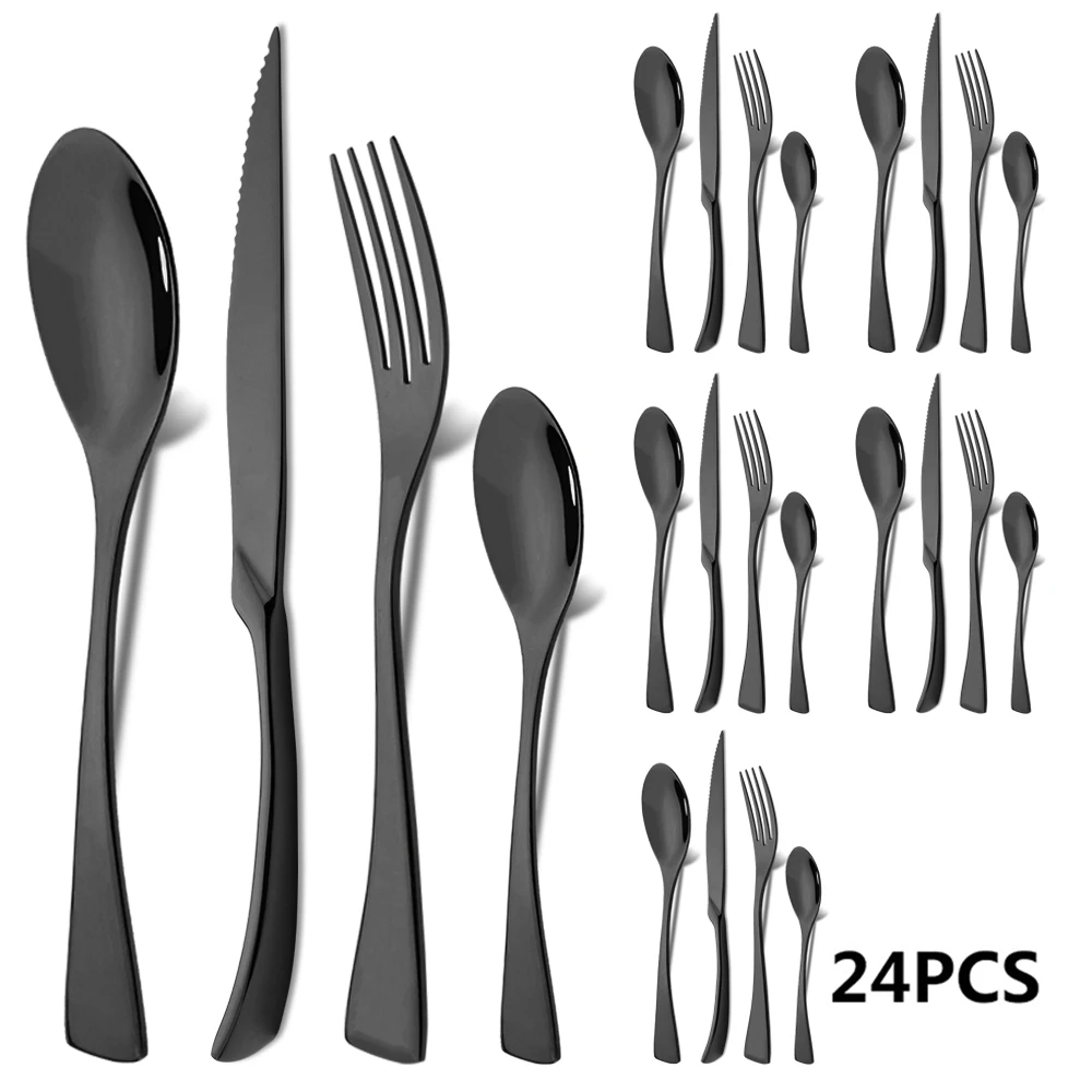 

24Pcs Black Dinnerware 18/10 Stainless Steel Flatware Set Steak Knife Fork Spoon Teaspoon Cutlery Set Food Tableware Silverware