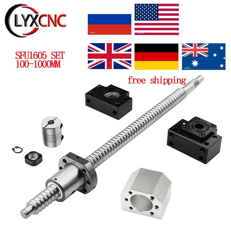

SFU1605 Set: 16mm Rolled Ball Screw C7 End Machined 1605 Nut + Nut House + BK BF12 End Support + Coupler RM1605 EU Free Shipping