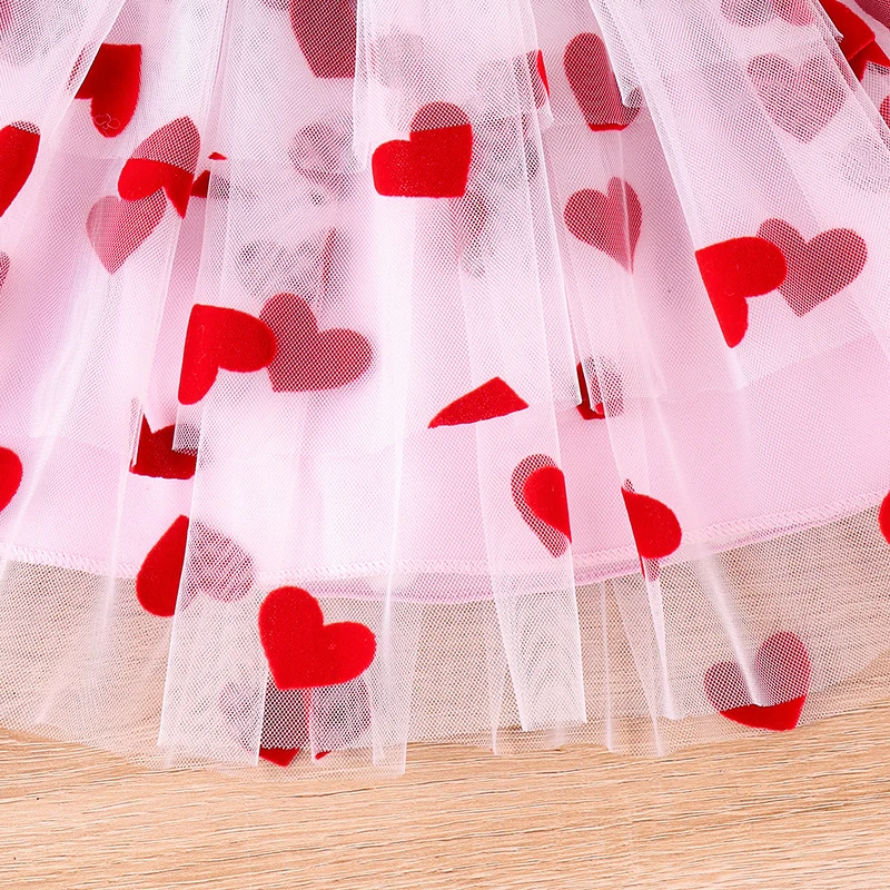 

Toddler Baby Girl Princess Tulle Dress Newborn Puff Sleeve Mesh Tutu Dress Heart Print Valentines Day Dresses