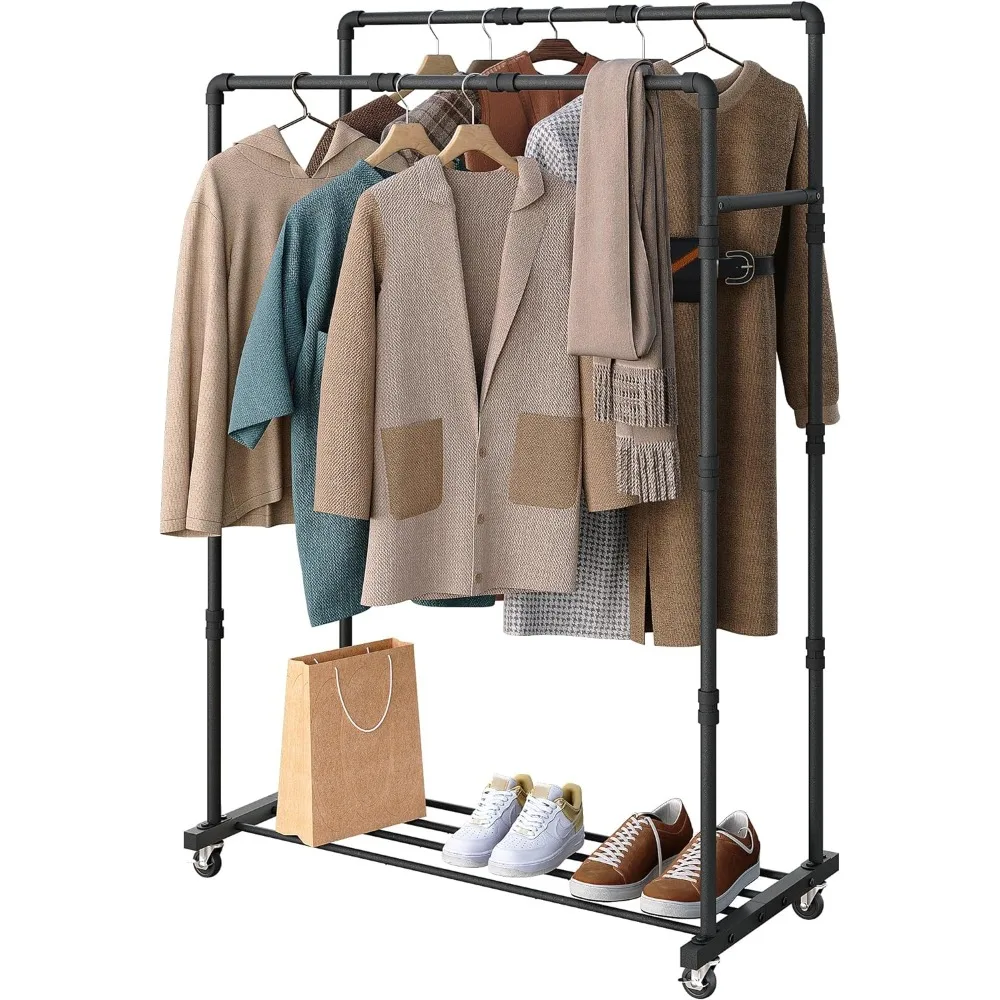 

Double Rod Clothes Rack on Wheels, Industrial Style Clothing Rack, Sturdy Iron Rolling Garment Rack with Storage Shelf