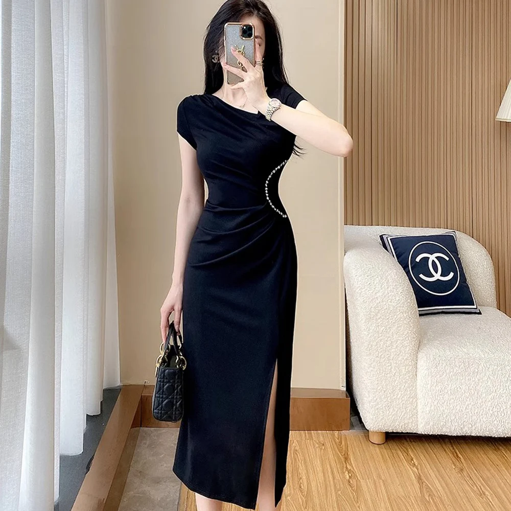 

European style dress for women in summer, high-end temperament, Hepburn light luxury slim fit, buttocks wrapped black long skirt