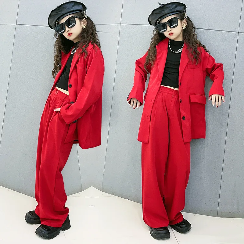 

Suit for Girls Red Loose Casual Blazer Wide Leg Pant 2pcs Teenage Children Outfits 12 13 14 teens girls clothes set Kids Costume