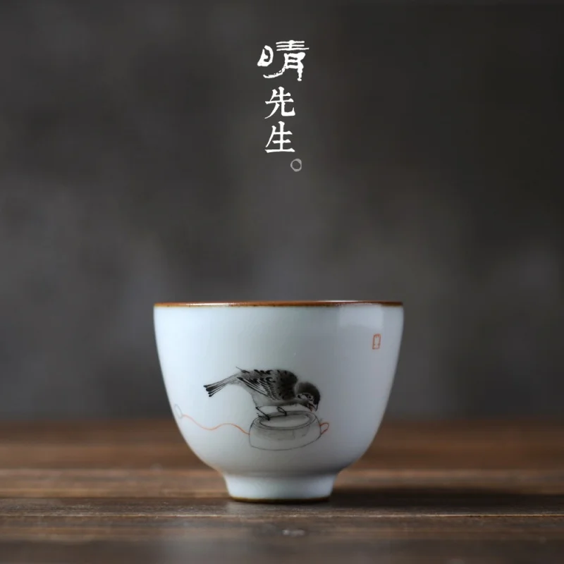 

Jingdezhen Pure Handmade Ceramics Single Cup Master Cup Gracked Glaze Supportable Ru Ware Hand Painted Tea Cup Kung Fu Tea Cup Q