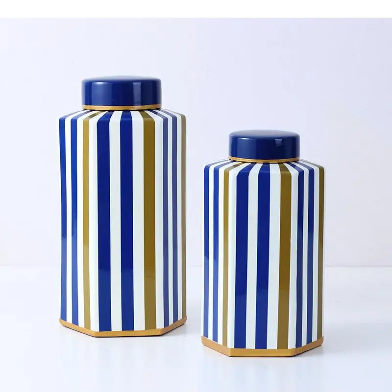 

Blue and White Checkered Pattern Gilded Ceramic Jar Hexagonal Bottle Storage Jars with Lids Modern Decor Tea Caddy Candy Pots