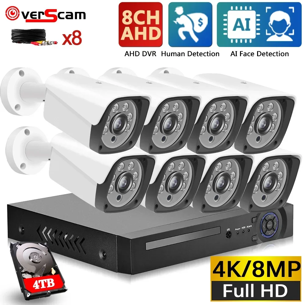 

8CH 4K AHD DVR Kit Face Detection 8MP AHD CCTV Camera System Set Outdoor Waterproof Bullet Camera Security Surveillance Kit 4CH