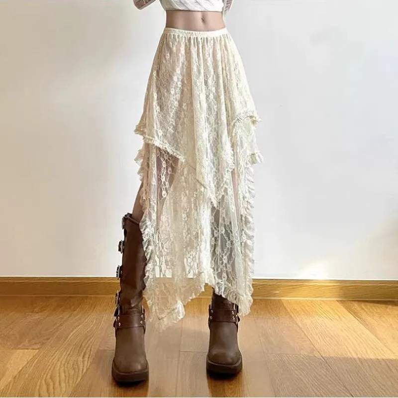 

HOUZHOU Asymmetrical Lace Skirt Women Summer Y2k Fairycore Low Waist A-line Vintage Transparent Midi Skirt Boho Beach Holiday