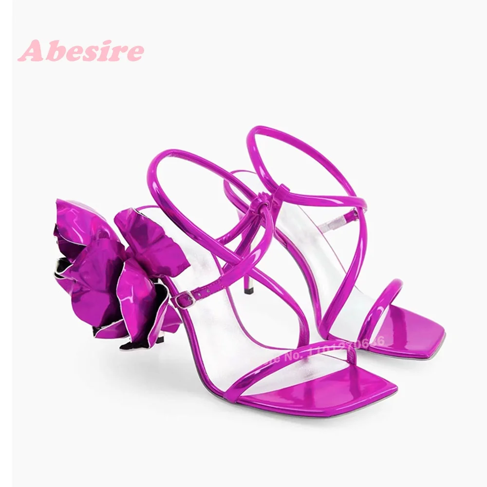 

Purple Flower Cross Buckle Sandals Square Toe Patent Leather Slingback Women's Sandals 2024 Newest Stiletto Heels Glossy Shoes