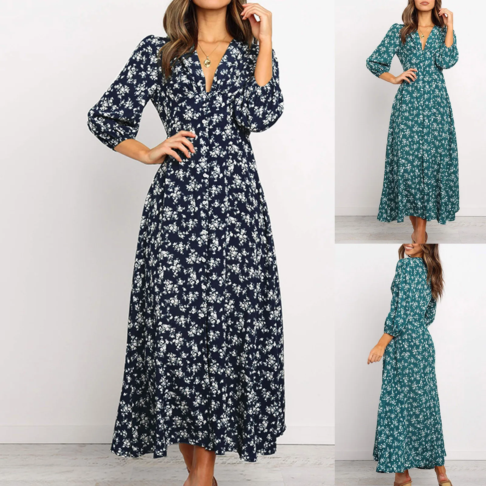 

Women Floral V Neck Maxi Dress 2024 Spring Fall Ladies Long Puff Sleeve Flared Dress Fashion Female Buttons Swing Dress A-Line