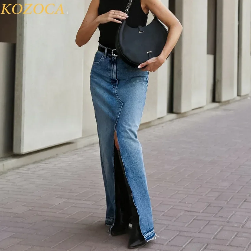 Kozoca New Front Slit Denim Skirts Women Casual High Waist Office Lady Long Skirt Streetwear Blue Frayed Raw Hem Jean Skirt 2023
Kozoca New Front Slit Denim Skirts Women Casual High Waist Office Lady Long Skirt Streetwear Blue Frayed Raw Hem Jean Skirt 2023