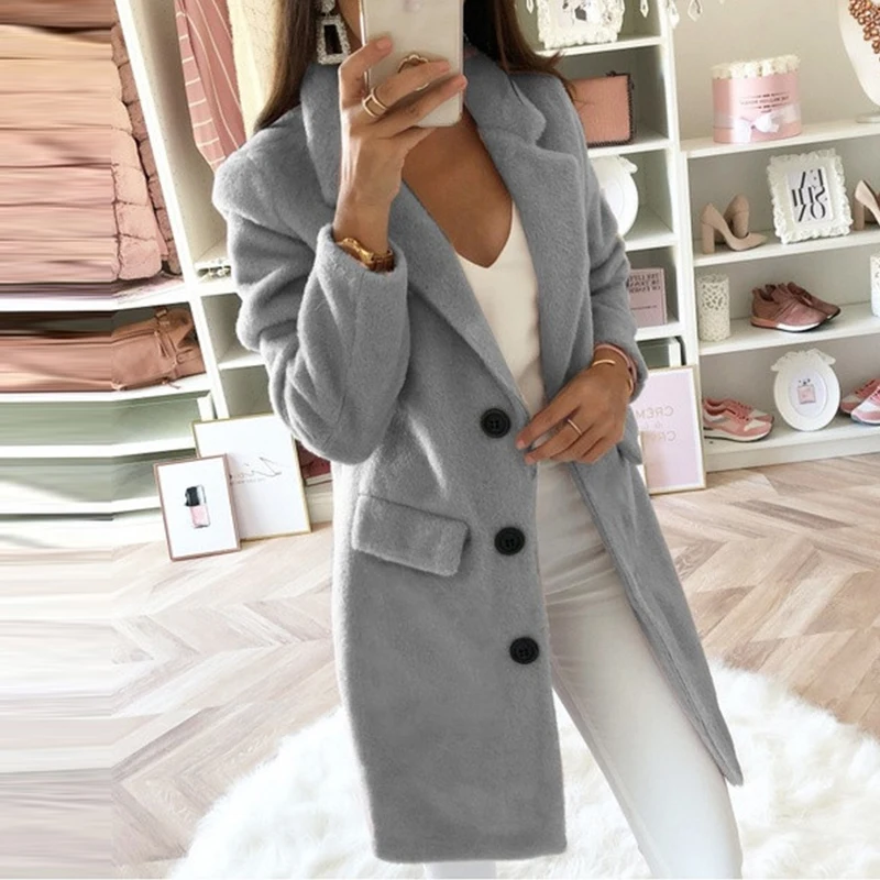 

Elegant Simple Solid Suit Collar Coat Fashion Single-breasted Woolen Long Sleeve Cardigan Elegant Casual Commute All-match Coats