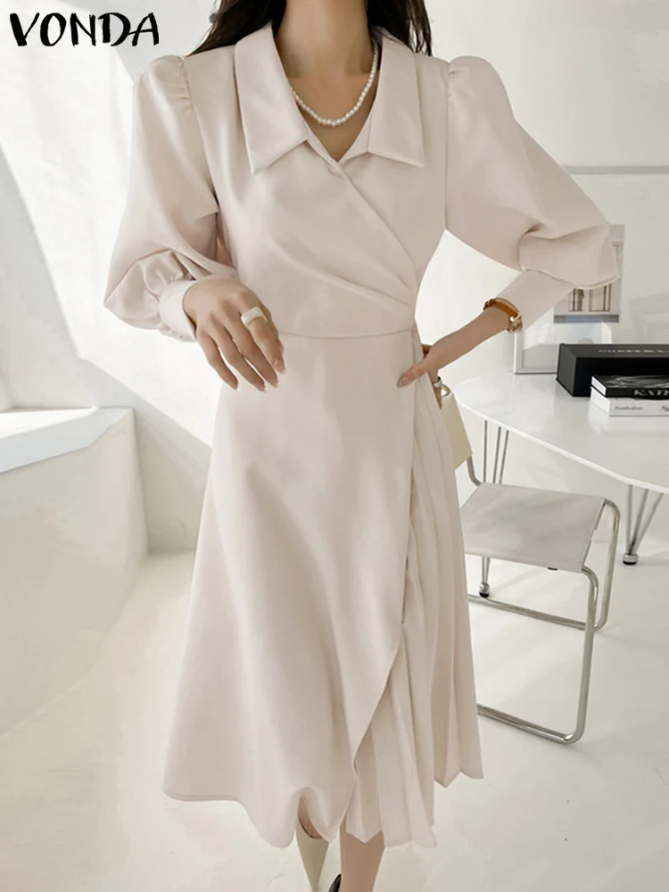 

Женское летнее платье-рубашка VONDA 2023, элегантный Однотонный сарафан средней длины с длинным рукавом-фонариком, плиссированный бандажный строгий халат с лацканами