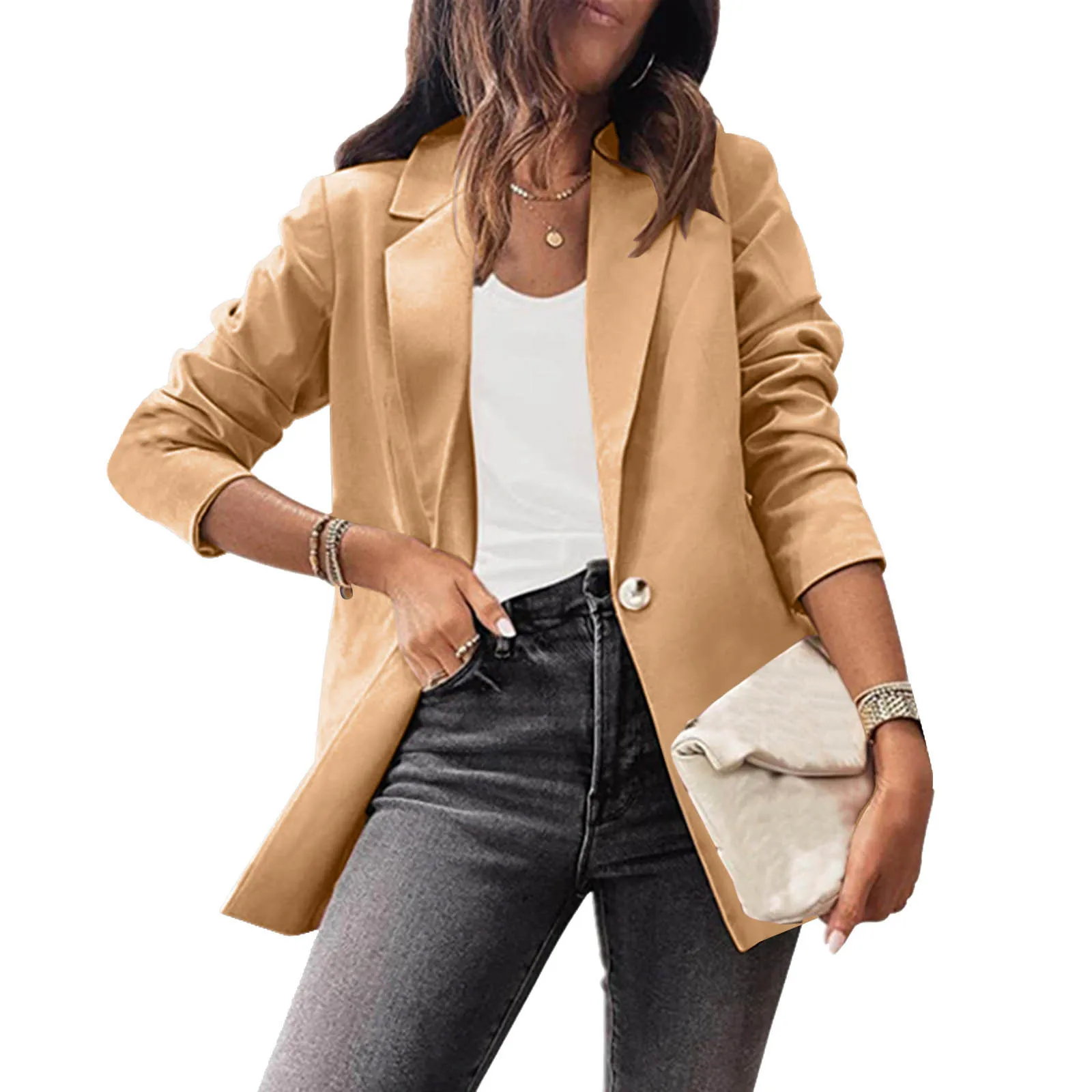 

Женский винтажный Блейзер на одной пуговице, однотонный деловой элегантный пиджак с длинным рукавом и отложным воротником, костюмы, женские шикарные пиджаки, 2023