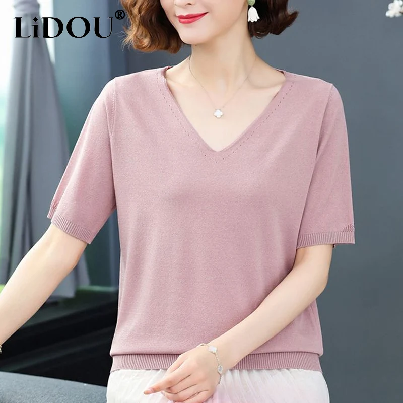 2023 Summer New Fashion Solid Color Loose Casual Ice Silk Fabric T-Shirts Women V-neck Short Sleeve Comfortable Pullovers Tees
2023 Summer New Fashion Solid Color Loose Casual Ice Silk Fabric T-Shirts Women V-neck Short Sleeve Comfortable Pullovers Tees
