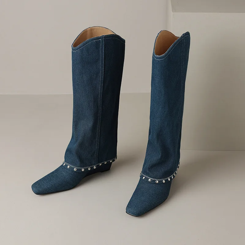 Blue Wash Denim Studded Women Knee High Trouser Boots Rivets Long Ladies Shoes Square Toe Botas Canvas Zapatillas De Mujer 2023
Blue Wash Denim Studded Women Knee High Trouser Boots Rivets Long Ladies Shoes Square Toe Botas Canvas Zapatillas De Mujer 2023