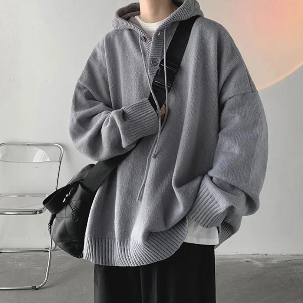 

Drawstring Buttons Neckline Ribbed Trim Long Sleeve Thickened Knitting Sweatshirt Autumn Winter Solid Color Loose Sweater Hoodie