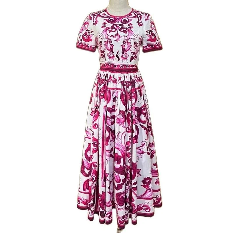 

Женское праздничное платье миди, модельное дизайнерское платье с коротким рукавом, длинное платье красного, синего и белого цветов с фарфоровым принтом, лето