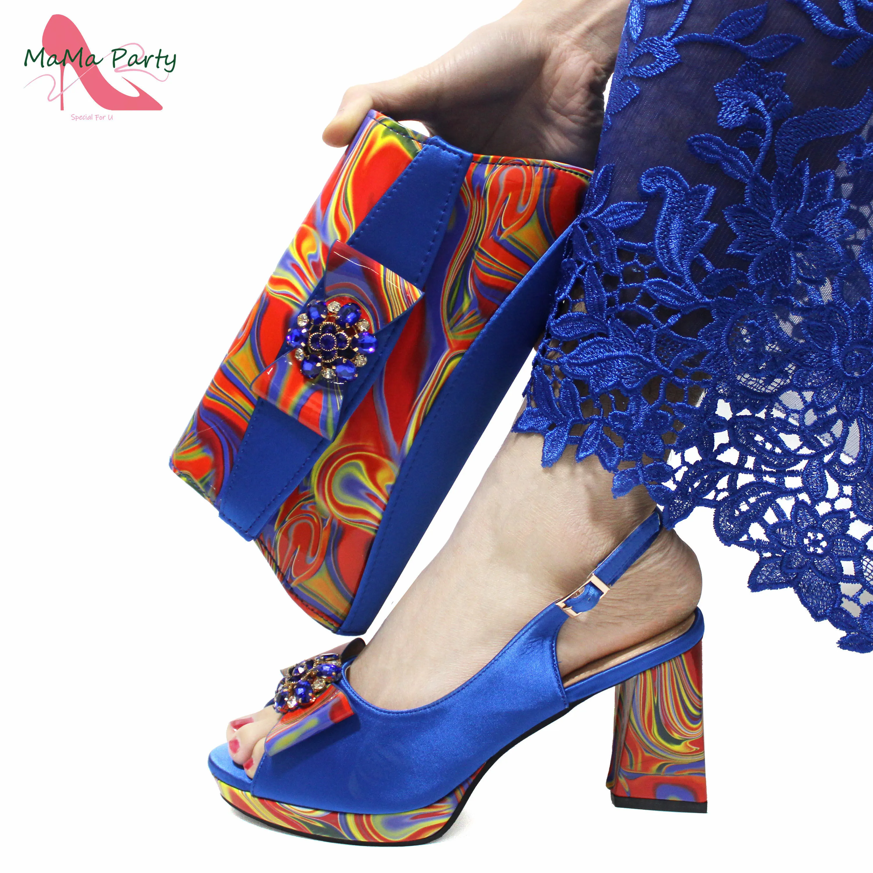 

Italian Design Shoes and Bag Set in Royal Blue Color, Peep Toe Comfortable Heels for Party, High Quality, New Arrivals, 2024