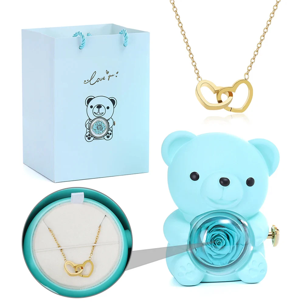 

Mother's Day Christmas Valentine's Day Birthday Gift Acrylic Rotating Hug Bear Eternal Rose Flower Jewelry Gift Boxes Necklace