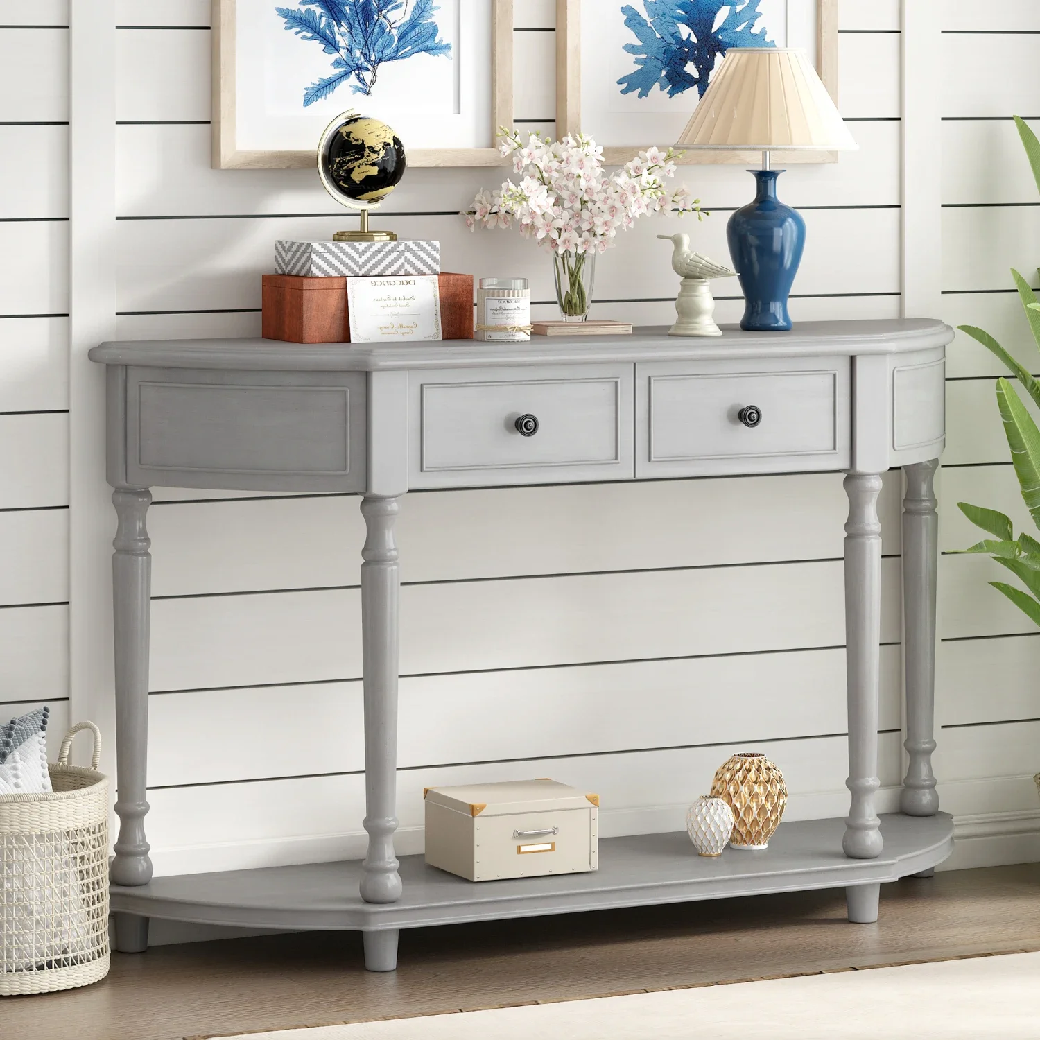 Solid Wooden Frame and Legs, Rustic Gray Wash TREXM Retro Circular Curved Design Console Table with Open Style Shelf and Two Top
Solid Wooden Frame and Legs, Rustic Gray Wash TREXM Retro Circular Curved Design Console Table with Open Style Shelf and Two Top