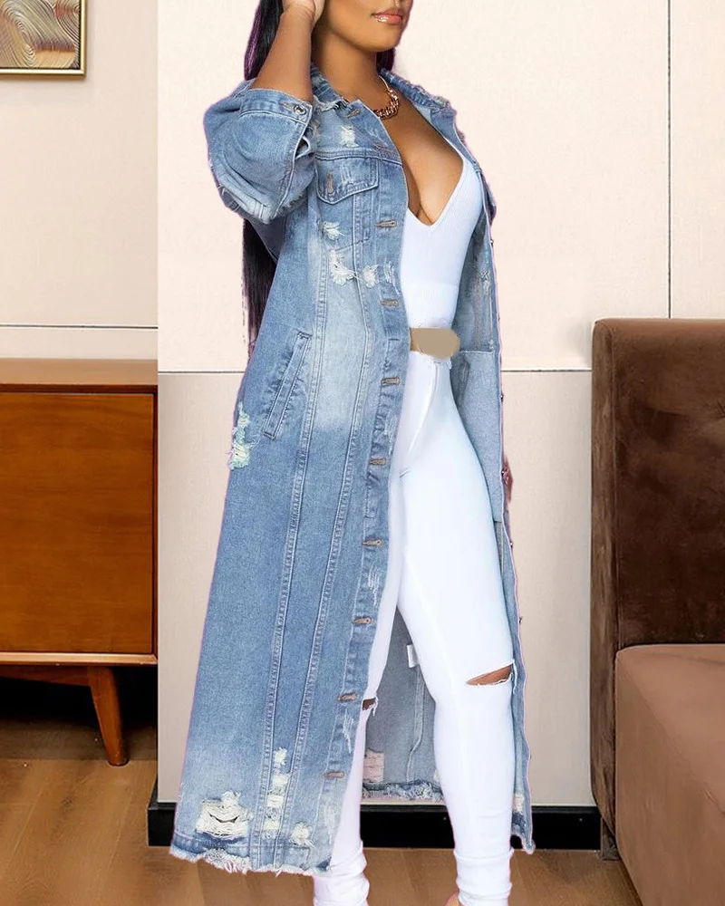 

Women's Ripped Long-sleeved Denim Trench Coat Cardigan Cape Female Casual Commuter Jacket Spring and Autumn 2024 Fashion