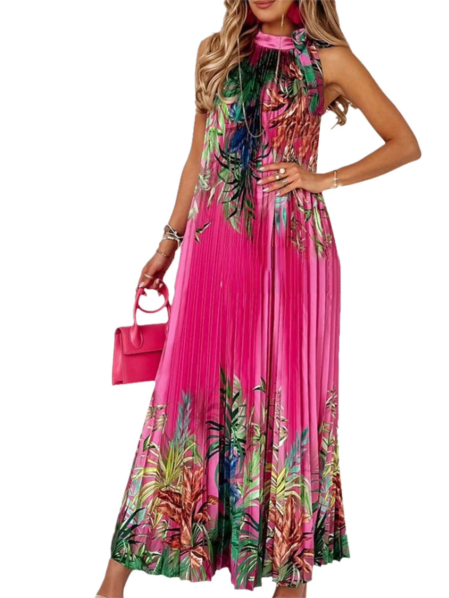 

Women s Floral Print Sleeveless Halter Dress with Tiered Swing Hem - Boho Beach Midi Sundress for Vacation