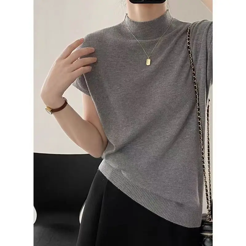 

Summer Thin Half High Necked T-Shirt For Women's Fine Imitation Wool Solid Color Half High Necked Knitted Short Sleeved Top