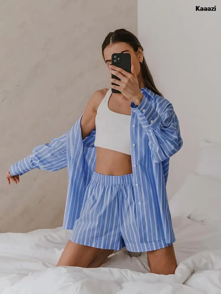 KAAAZI Loose Striped Long Sleeve Shirt Women Suit Short Pants Casual Summer Fashion Two Piece Set Female Streetwear Blouse Set
KAAAZI Loose Striped Long Sleeve Shirt Women Suit Short Pants Casual Summer Fashion Two Piece Set Female Streetwear Blouse Set