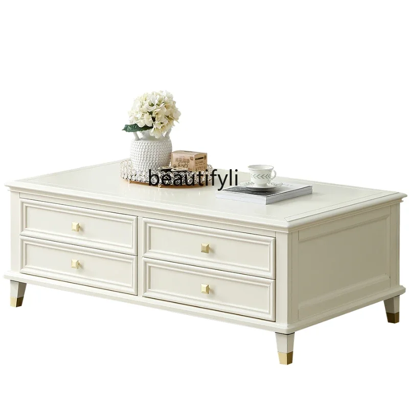 

Luxury Solid Wood Living Room White Coffee Table TV Cabinet Combination So Easy So Beauty Storage Six-Drawer Coffee Tea Table