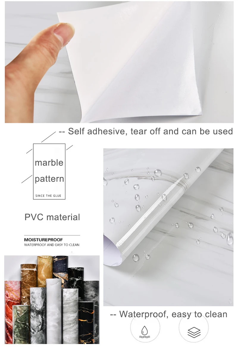 Waterproof Marble Vinyl Film Self Adhesive Wallpaper for Bathroom Kitchen Cupboard Countertops Contact Paper Home Decor Stickers Waterproof Marble Vinyl Film Self Adhesive Wallpaper for Bathroom Kitchen Cupboard Countertops Contact Paper Home Decor Stickers