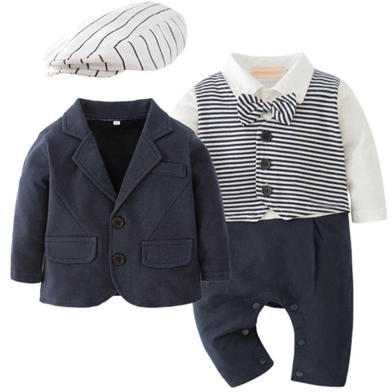 

2Piece Spring Autumn Newborn Baby Boys Set Fashion Casual Gentleman Coat+Stripe Cotton Tie Jumpsuit Kids Boutique Clothes BC420