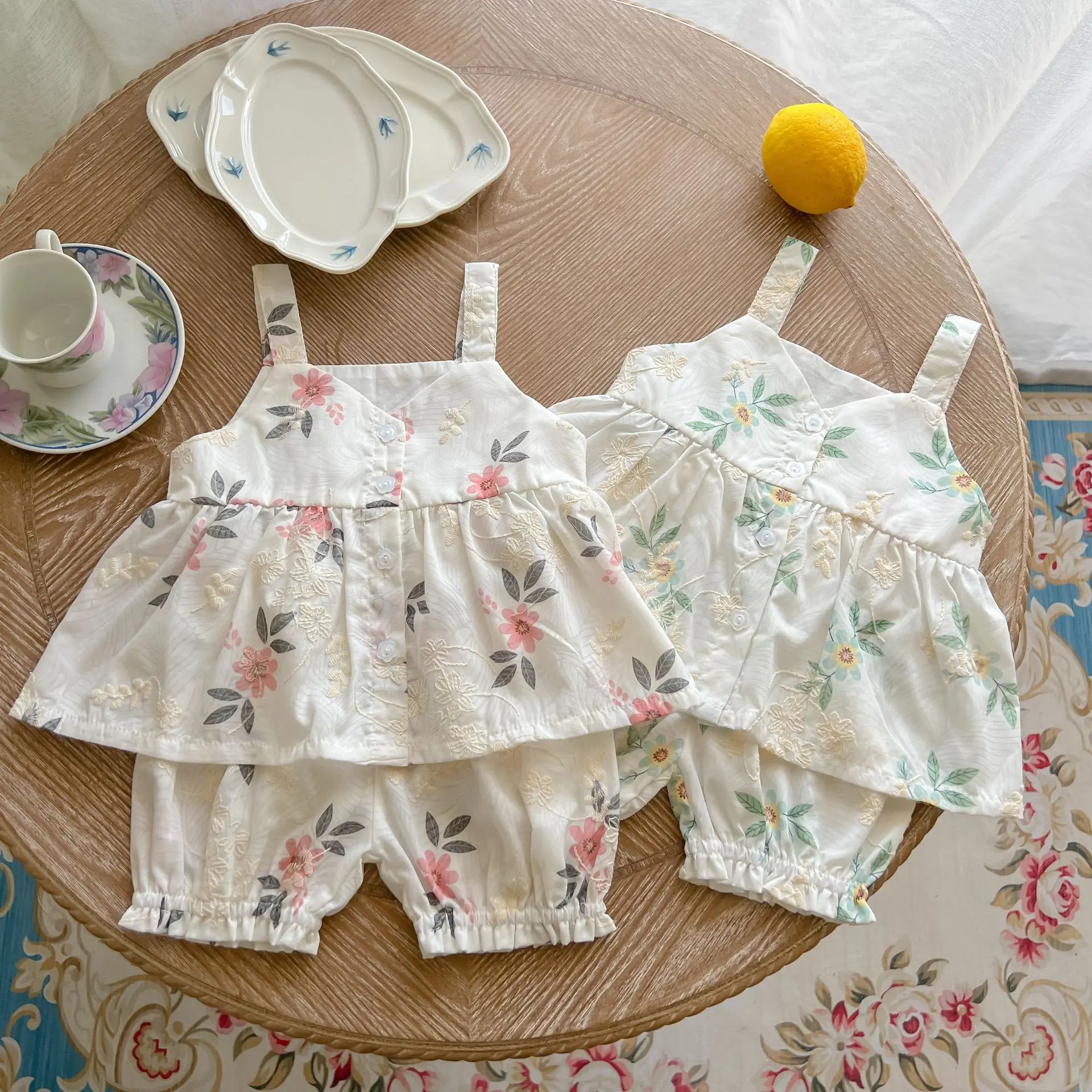 

Summer Baby Girls Lovely Strap Embroidered Floral Tops+Bloomer Shorts Pant Toddler 100% Organic Cotton Outfit Sets 0-36 Months