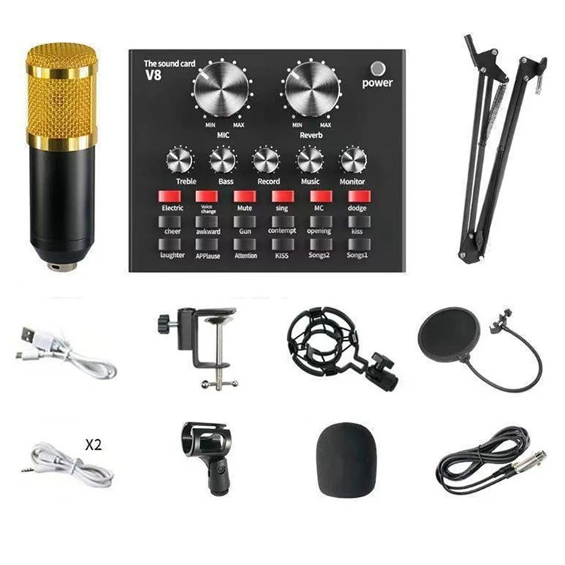 

BM-800+V8 Sound Card Kit Accessories Podcast Equipment Bundle Voice Network Karaoke Diaphragm Condenser Microphone Karaoke Kit