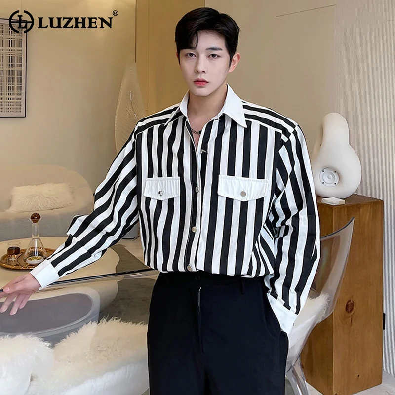 

LUZHEN полосатая цветная контрастная Мужская корейская модная рубашка с длинным рукавом мужские топы с лацканами Весна 2024 стильная повседневная одежда Cba51b