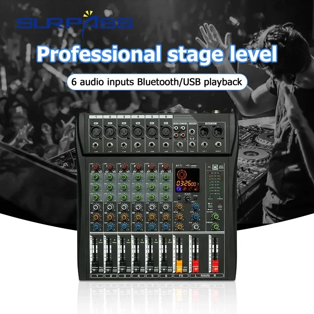 6 Channel Audio Mixing Console 3 Band EQ Sound Mixer 48V Phantom Power USB Play Record Bluetooth LED Display DJ Control Table
6 Channel Audio Mixing Console 3 Band EQ Sound Mixer 48V Phantom Power USB Play Record Bluetooth LED Display DJ Control Table