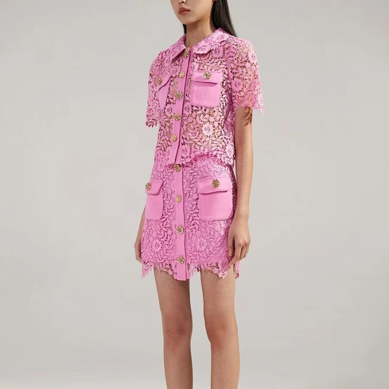 Latest Women Solid Pink Lace Button Short Sleeve Floral Hollow Out Top Quality Vintage Mini Dress
Latest Women Solid Pink Lace Button Short Sleeve Floral Hollow Out Top Quality Vintage Mini Dress