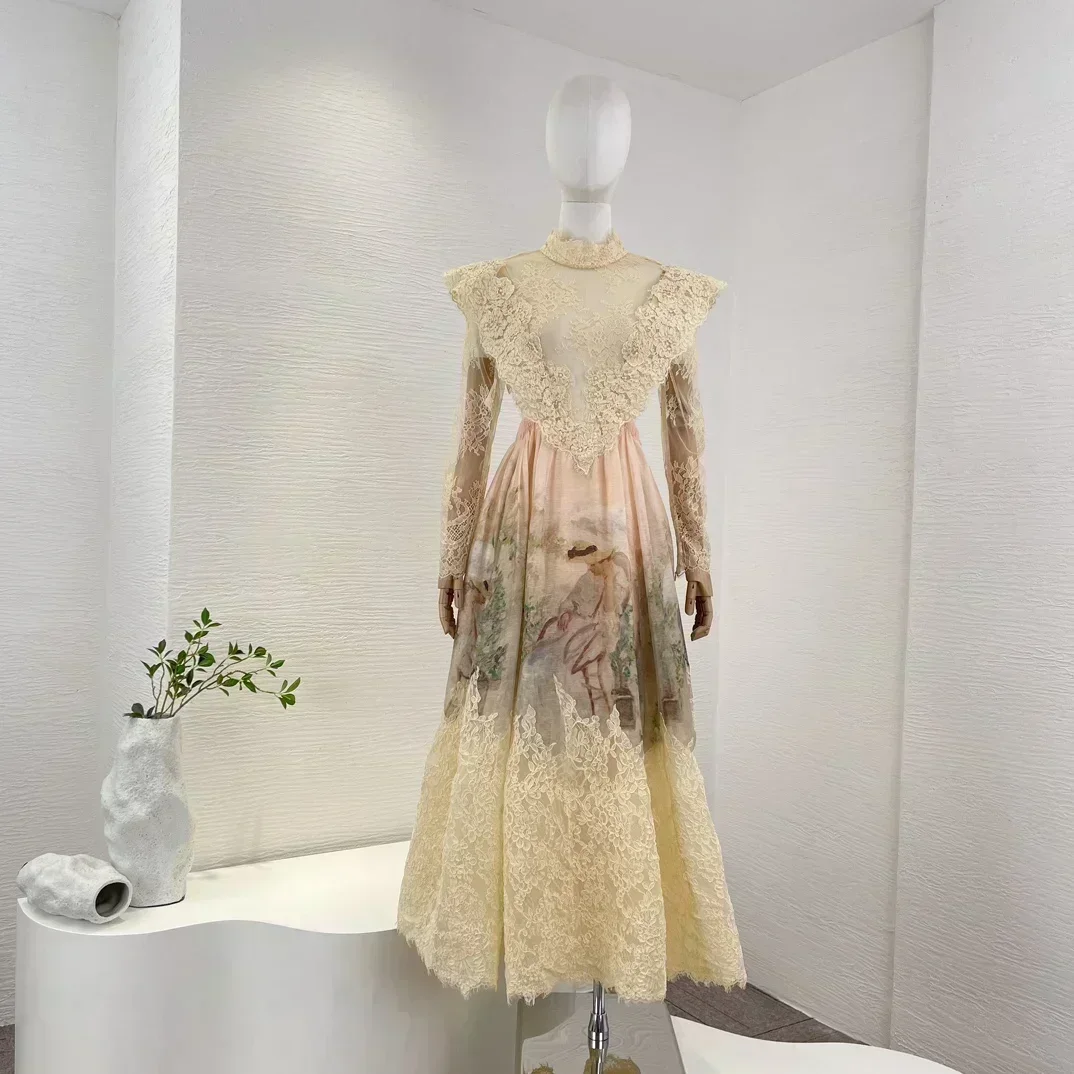 

Высококачественное льняное шелковое контрастное кружевное платье-миди с длинным рукавом и цветочным принтом