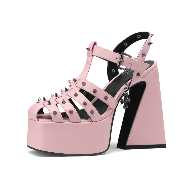 

Plus Size 40 41 42 43 Pink White Thick Platform Gladiator Sandals Women Punk Rivets Super High Heels Chunky T-Strap Buckle Shoes