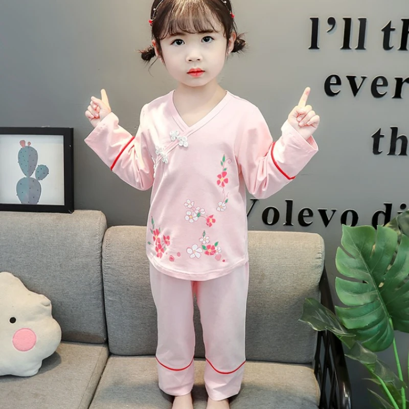 

Baby Girls Pajamas Set Kids Flower Printed Tops+pant 2pcs Suit Spring Autumn Children's Clothing Suits Chinese Style Hanfu
