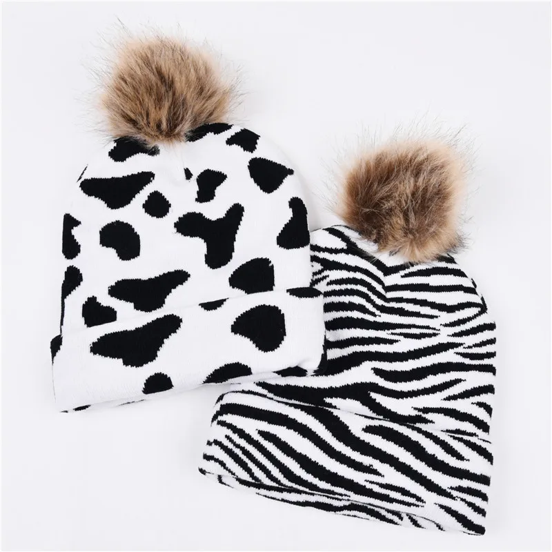 

New Fashion Cows Zebra Knitted Hats Personality Wild Flanging Caps Beanie Hats Casual Fur Pompom Hat for Women Cap