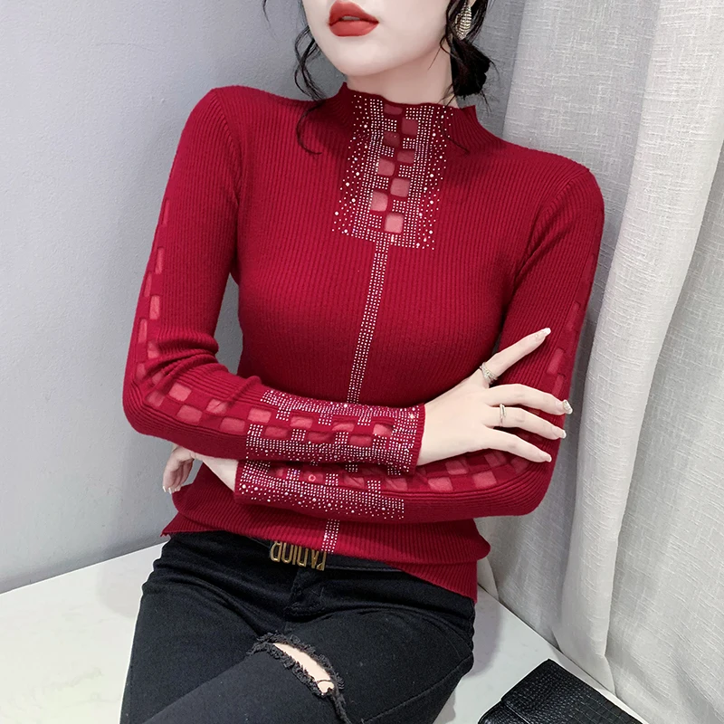 

Fall Winter Knitted Mock Neck Sweater Sexy Spliced Hollow Out Shiny Diamonds Women's Bottoming Shirt Pullovers Slim Tops 1016
